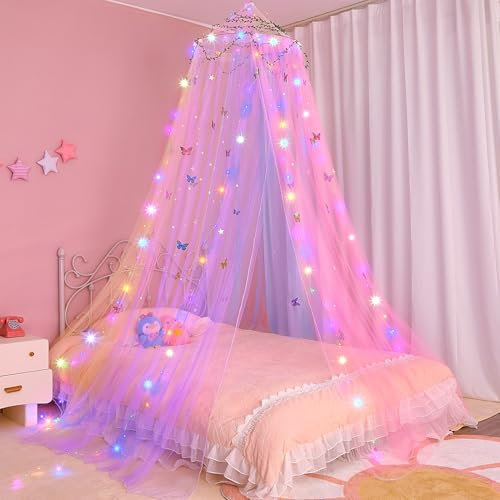 MHJY Bed Canopy for Girls Room Bed Curtains with LED Lights Mosquito Net DIY Princess Room Décor with Stars Butterflies for Kids Bedroom Colorful