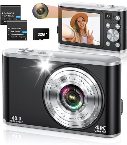 Digital Camera, 4K 48MP Autofocus Vlogging Camera Selfie Cameras with Anti-shake 16X Digital Zoom Flash 32G Memory Card, Compact Digital Cameras for Beginners Kids