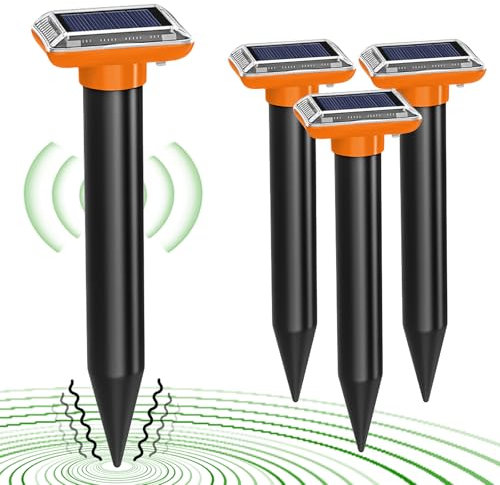 Nizirioo Solar Ultraschall Maulwurfschreck 4 Stück - 650m² Abdeckung, Wasserdicht & Haustiersicher | Solarbetriebener Maulwurfvertreiber für Garten/Rasen (Orange)