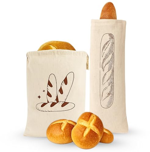 Sacs à pain réutilisables en lin – Lot de 2 sacs de rangement naturels non blanchis pour pain, fruits, légumes | Respectueux de l'environnement, respirants, lavables avec cordon de serrage