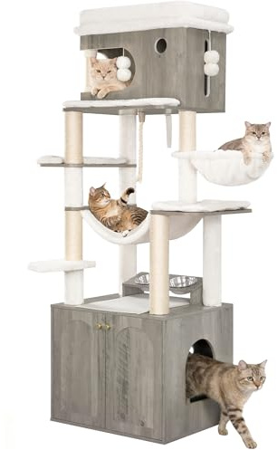 Hzuaneri 176 cm Árbol para Gatos, Casa para Gatos con Mueble para Bandeja Higiénica, Soporte para Comedero Elevado, Cuerda de Sisal, Hamaca y Cojín Lavable, Marfil Claro CB89105WT