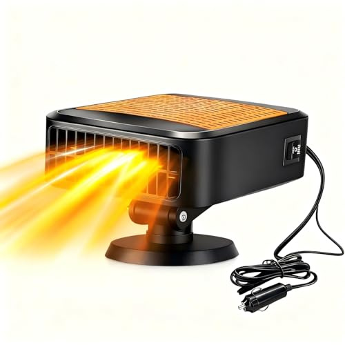 Ruutcasy Ventilador portátil para coche, 200 W, descongelador de calentamiento rápido, secador de refrigeración 2 en 1, ventilador de calefacción de rotación de 360°, que se conecta al encendedor de