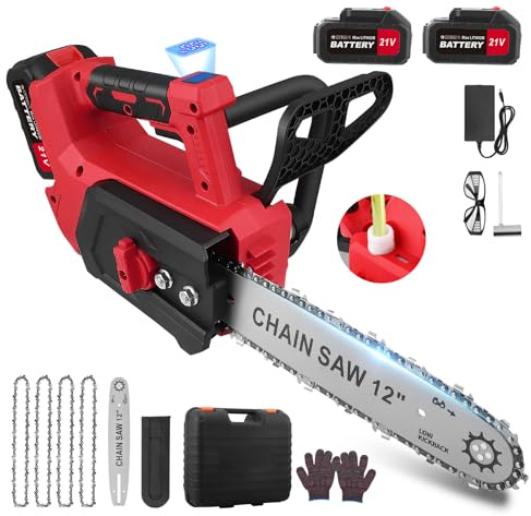 Motosierra eléctrica con batería de 12 pulgadas, 2 x 4000 mAh con indicador de carga LED, longitud de corte de 30 cm, motor sin escobillas de 1500 W, sierra de podar inalámbrica para herramientas de