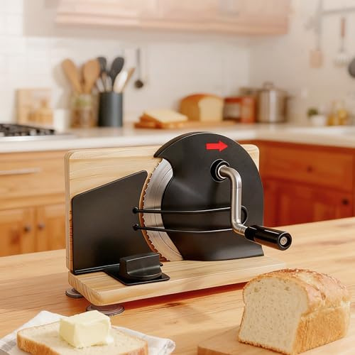 Manuelle Brotschneidemaschine Zusammenklappbar Sauerteig-Brotschneider Brot Schneider für Selbstgebackenes Brot, Einstellbare Dicke 0–2 cm dick, mit Handkurbel ＆ Rutschfest Saugnäpfen (Schwarz)