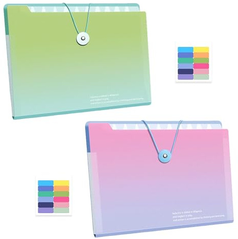 FAYHETG Mapp 2 stycken med fack med 12 fack fack A4 färgade etiketter organisationsmapp A4 vattentät dokumentmapp postmapp organisering mapp för kontor skolor hushåll (grön, rosa)