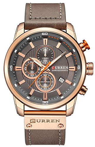 Orologio da polso da uomo, impermeabile, sportivo, cronografo, militare, multifunzione, in pelle, al quarzo gold gray