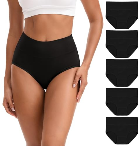 INNERSY Unterhosen Damen Schwarz High Waist Slips Baumwolle Postpartum Unterwäsche Frauen 5 Pack (XXL, Schwarz)