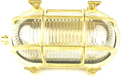 El Mercader del Mar Lampara náutica bulkhead ovalada en forma de aplique para pared en latón E27 (17,5x13x10cm, Ovalada)