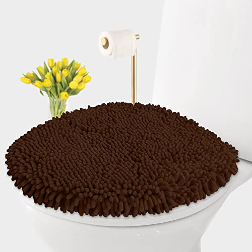 LuxUrux Toilet Lid Cover, Extra-Soft Plush Seat Cloud Washable Shaggy Microfiber Standard Toilet Lid Covers for Bathroom Machine Wash & Dry (Toilet Lid Cover, Brown)