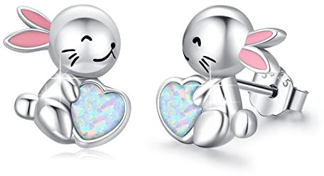 Hasen Ohrringe Kinder 925 Sterling Silber Hase Ohrstecker Herz Opal Ohrringe Tier Schmuck Hypoallergene Kaninchen Ohrringes Ostern Bunny Geschenke Valentinstag für Mädchen Damen