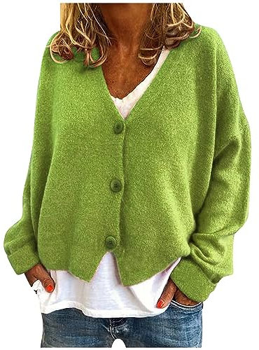 AMhomely Knitted Cardigan Sweater Plus Size Button Down Cardigan French Cashmere Jacket V Neck Cropped Jumper Solid Loose Open Front Knitwear Jacket Mint Green XL