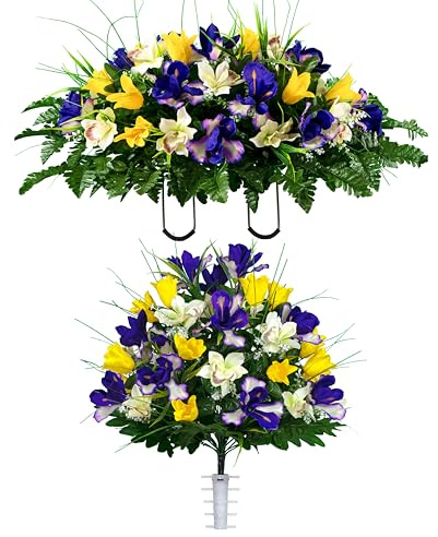 Sympathy Silks Artificial Cemetery Flowers – Realistic Vibrant Tulips Outdoor Grave Decorations - 1 Yellow Tulip Purple Iris Bouquet and 1 Matching Saddle