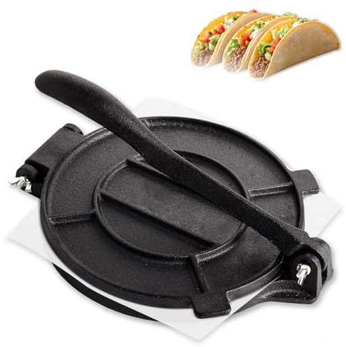 Cast Iron Tortilla Press 12 inch, Heavy Duty Tortilla Pataconera, Flour Tortilla Press with Foldable Handle, Taco press with Some Parchment Paper, Roti Maker, Black