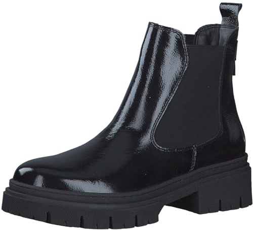 Tamaris Botines Chelsea de Piel para Mujer, Tacón Cuadrado, Cómodos, Negro Charol, 40 EU