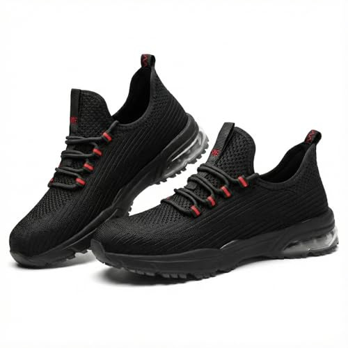 SPIEZ Zapatos de Seguridad para Hombre y Mujer, Zapatillas de Trabajo Ligeras con Puntera Composite, Antideslizantes y con Amortiguación de Aire, Negro/Rojo, EU 44