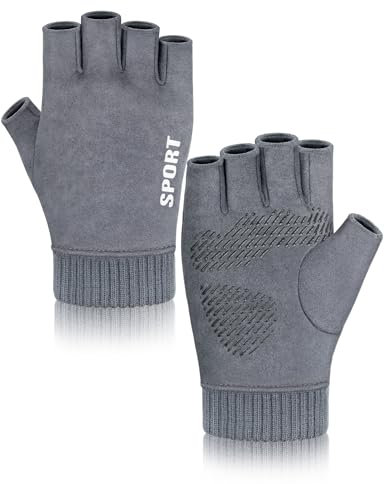 MELLIEX Rutschfest Handschuhe Fingerlose Handschuhe Wildleder Handschuhe Ohne Finger Winter Warme Strickhandschuhe Arbeiten - Grau