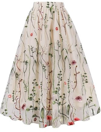 AXOE Damen Tüllrock Midi Länge 3-Lagen Blumen Tüll A-Linie Rock Elegant für Sommer, Festliches, Hochzeit Beige mit Blumenmuster F02, Gr.46-50 (EU 48-52), 4XL