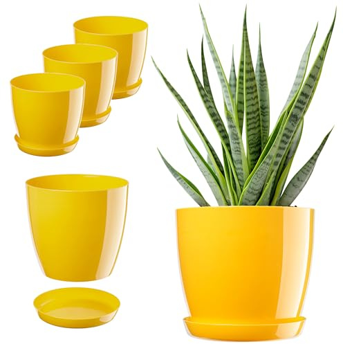 KADAX Lot de 3 Pots avec Soucoupe, Bac à Fleurs Rond en Plastique pour l'Intérieur et Plantes d'Intérieur, pour Herbes Aromatiques (Set 3 : 16 cm, Jaune)