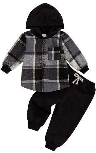 MAHUAOYIXI Toddler Baby Boys Outfits Long Sleeve Plaid Print Hooded Sweatshirt Pullover Top with Elastic Waist Pants Sets 2 Piece Baby Clothes for Little Boys Fall Winter (Black, 18-24 Months)