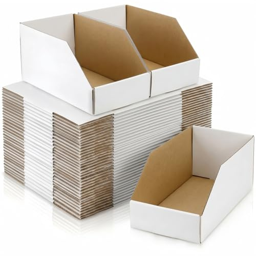 Tlence 35 Pack Cardboard Storage Bins, 12 x 6 x 4.5 Corrugated Open Top Box, White Pantry Shelf Organizer Bins for Parts Snacks, Ideal for Garage Warehouse Home Packing Moving, Easy Assembly