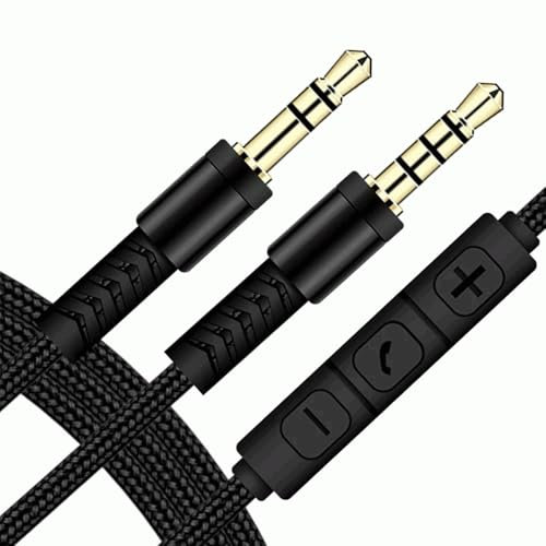 TECHZOCO Cable Audio alargador Extensor Control Volumen, Jack Audio auxiliar con botón receptor llamadas, Cable Control de volumen con micrófono, Cable auriculares, Macho a Macho, 1.20 Metros, Negro