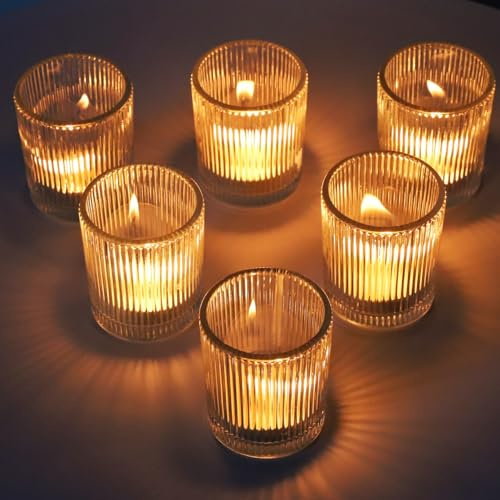 Vohocandle Lot de 12 Bougeoir Verre à thé Côtelés, Photophore Verre Transparents pour Mariage, Contenants pour Bougie pour Fête, Décoration Intérieure et Décoration de Noël (5,5 cm × 6,5 cm)