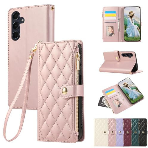 Vaitasy Fodral för Samsung Galaxy A17 Rosa Guld | PU Läder Dragkedja Plånbok Fodral för Galaxy A17 Magnetiskt Flip Stand Case Cover
