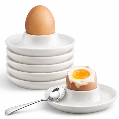 inodiref Äggkoppar porslin vit uppsättning med 6 äggkoppar keramik stapelbara diskmaskinssäkra äggkoppar av hög kvalitet rund för frukost, matbord och camping