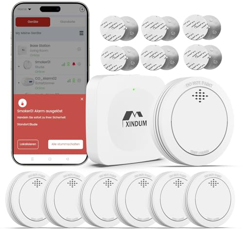 Détecteur de fumée connecté avec Station de Base, Alarme Incendie 10 Ans, Conforme à la Norme EN14604, avec Batterie remplaçable, Compatible avec l'application XINDUM, 6 unités