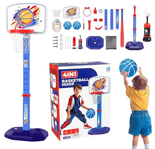 Dewireaey Set de aro de Baloncesto, aro de Baloncesto para niños pequeños,4 en 1 para niños de béisbol de béisbol Altura Ajustable | Juego de Pelota portátil Sport al Aire Libre para la habitación