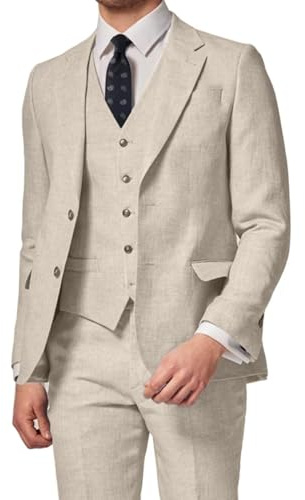 Wrycay 3 Piece Summer Linen Suits for Men, Men's Slim Fit Suit Set Two Buttons Casual Solid Jackets Vest Pants Set for Wedding Party, Beige, 2XL