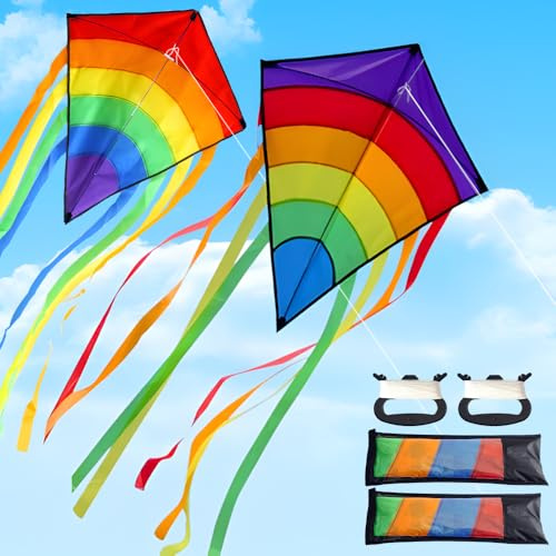 Jonuin 2Pcs Diamond Kites, Rainbow Kites Easy to Fly, Colorful Diamond Kite with Long Tail & 80 meters Flying String, Outdoor Beach Flying Kite for Kids Adults Outdoor Games