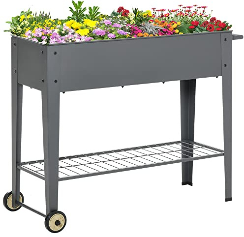 Outsunny Huerto Urbano Jardinera Elevada de Metal Cama de Jardín con Ruedas Asa Lateral y Estante Inferior para Cultivo Plantas Hortalizas Flores 104x39x80 cm Gris