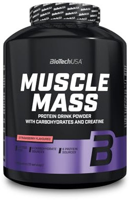 BioTechUSA Muscle Mass | Protéines et glucides en poudre | avec créatine et peptides de glutamine | Gainer | Sans lactose | Créatine micronisée | 4 kg | Fraise
