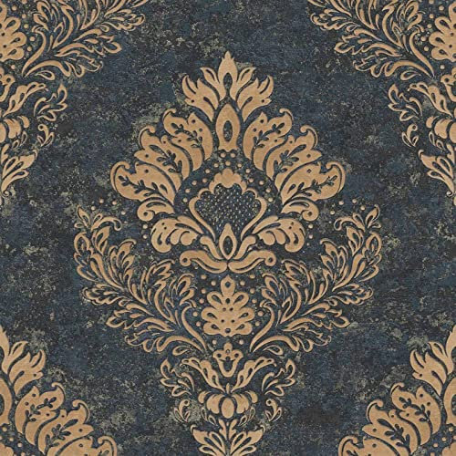 Ornament Tapete schwarz gold | Wohnzimmer und Esszimmer Vliestapete mit Barock Muster edel | Vlies Barocktapete in Anthrazit elegant | 10,05 x 0,53 m