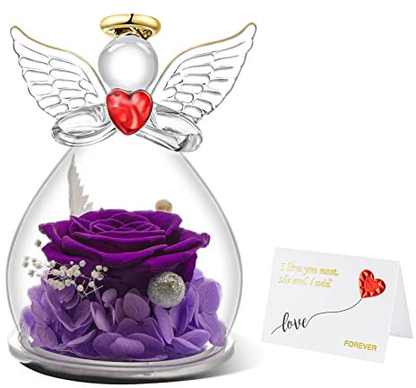 Miofula Rosa Stabilizzata Vera Regalo Donna Compleanno,Rosa Eterna Figurine Angelo Regalo Mamma Nonna,Fiori Stabilizzati Regalo Anniversario per Lei,Regali Natale Donna San Valentino Regali Fidanzata