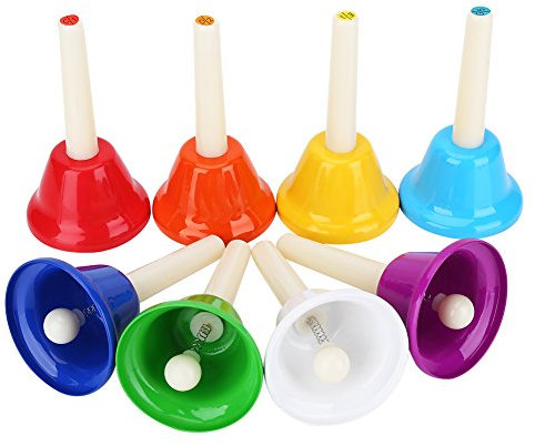 8Pcs Juego de Campanillas de Metal, Juego de Campanas de Mano 8 Coloridas Campanas de Mano Musicales Diatónicas de 8 Notas para Festivales Y Bodas