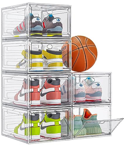 【Thicken & Sturdy】Clear Shoe Storage Organizer with Magnetic Door, Stackable Shoe Storage Boxes for Closet, Foldable Space-Saving Shoe Rack for Sneaker Boot Container, Plastic Shoe Box 6 Pack, White