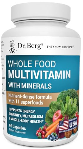 Dr. Berg Whole Food Multivitamin with Minerals - Daily Multivitamin for Men and Women - Includes Premium Whole Food Fruits and Vegetable Blend with Folate, Alpha-lipoic Acid and More - 60 Capsules