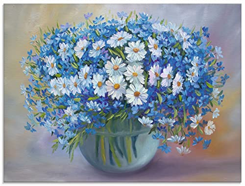 ARTland Wanddeko Glasbilder Wandbild Glas Bild einteilig 80x60 cm Querformat Stillleben Vase Glas Pflanzen Blau Blumen Blüten U4QC