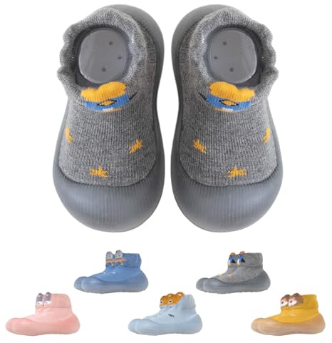 Aisprts Zapatos de Calcetines Bebé Zapatos Primeros Pasos Antideslizantes Unisex, Lindos Calcetines de Niño de Dibujos Animados con Suela, T2 Gris, 12-18 Meses