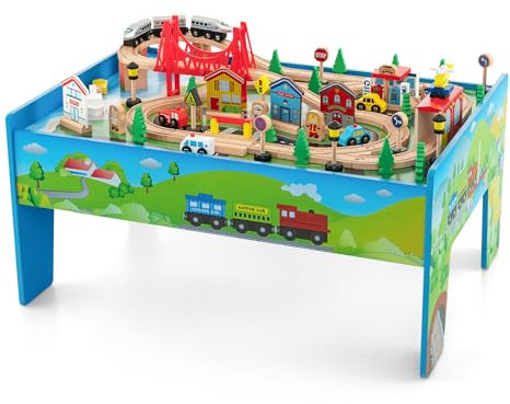 DREAMADE Spieltisch aus Holz, 80-teiliges Eisenbahn-Set, Holzeisenbahn mit Schienen, umkehrbarer und Abnehmbarer Tischplatte, Spielzeug für Kinder ab 3 Jahre (80-teilig)