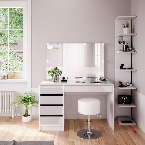 Vicco Tavolino da toilette Sherry, Bianco, 4 pezzi, con ripiano portaoggetti, specchio, sgabello, LED, adatto per l’uso quotidiano con telaio stabile