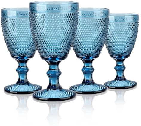 Joeyan 300ml Blue Coloured Chunky Goblet Wine Glasses Set of 4 with Embossed Bead Design, Thick Heavy Sturdy Vintage Stemmed Glassware for Home Kitchen Party Bar, Dishwasher Safe