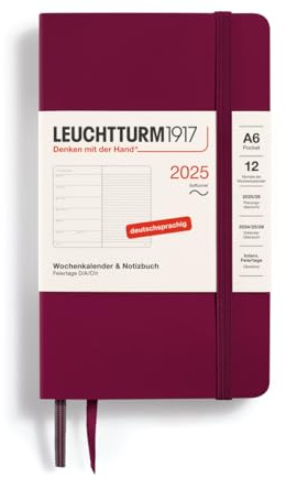 LEUCHTTURM1917 370529 Agenda semanal y cuaderno 2025, bolsillo A6, tapa blanda, planificador de 12 meses, 80 g, a rayas, Port Red