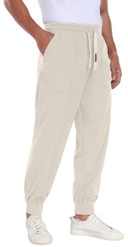 QIXING - Pantaloni da uomo in corduroy stile baggy, in cotone, cargo con coulisse, elasticizzati, vestibilità comoda, con 5 tasche, beige., M