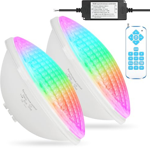 KWODE 54W LED Illuminazione Piscina PAR56, 12V RGB Timing 2/4/6H Luce Impermeabile, Sincronizzazione Esterna con Telecomando, IP68 Impermeabile Lampada Piscina con Telecomando (2 pezzi)