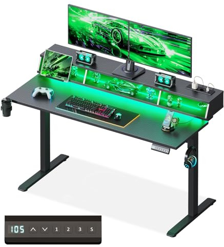 OffiGo Scrivania Gaming, 140cm Scrivania Regolabile con LED RGB e Prese, Elettrica Standing Desk con 3 Cassetti Aperti, Tavolo con Porta Bicchiere e Ganci per Cuffie, Fibra di Carbonio, Nero
