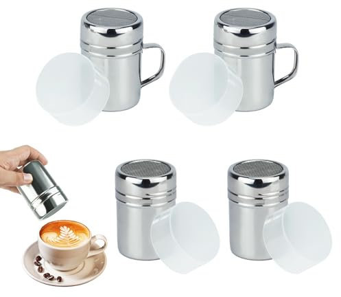 HAOTIAN-X 4 spargisale in acciaio inox con coperchio e manico, dispenser per spezie con filtro a maglia fine per sciroppi, panna, cappuccino e cucina