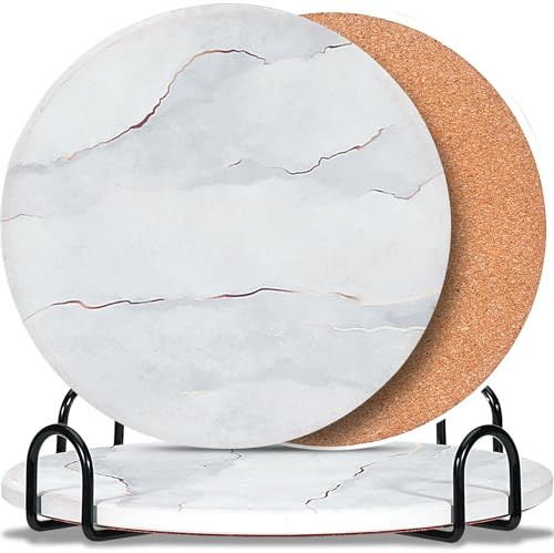 3-Pcs 7'' Ceramic Marble Style Trivet with Holder, Absorbent Trivets for Hot Dishes, Cork Bottom Anti-Slip Trivet Mats for Hot Pots and Pans